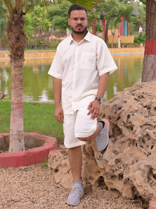 Essential White - Solid - Half Sleeve Relaxed Fit Men's co-ord set