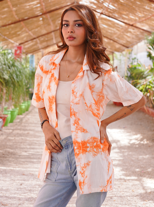Free Form Orange Tie & Dye - Women Relaxed Fit Button Down Shirt