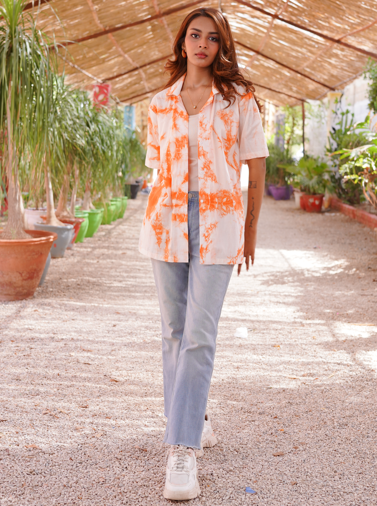 Free Form Orange Tie & Dye - Women Relaxed Fit Button Down Shirt