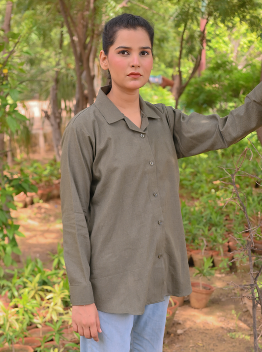 Essential Olive Brown - Solid - Full Sleeve Relaxed Fit Women's Shirt
