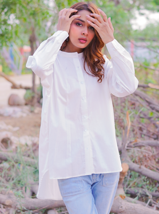 Essential White - Solid - Full Sleeve Relaxed Fit Mandarin Collar Women's Shirt