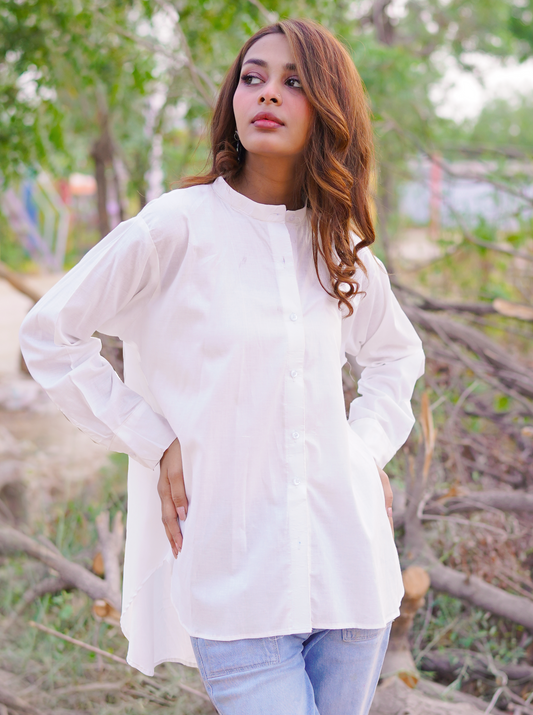 Essential White - Solid - Full Sleeve Relaxed Fit Mandarin Collar Women's Shirt
