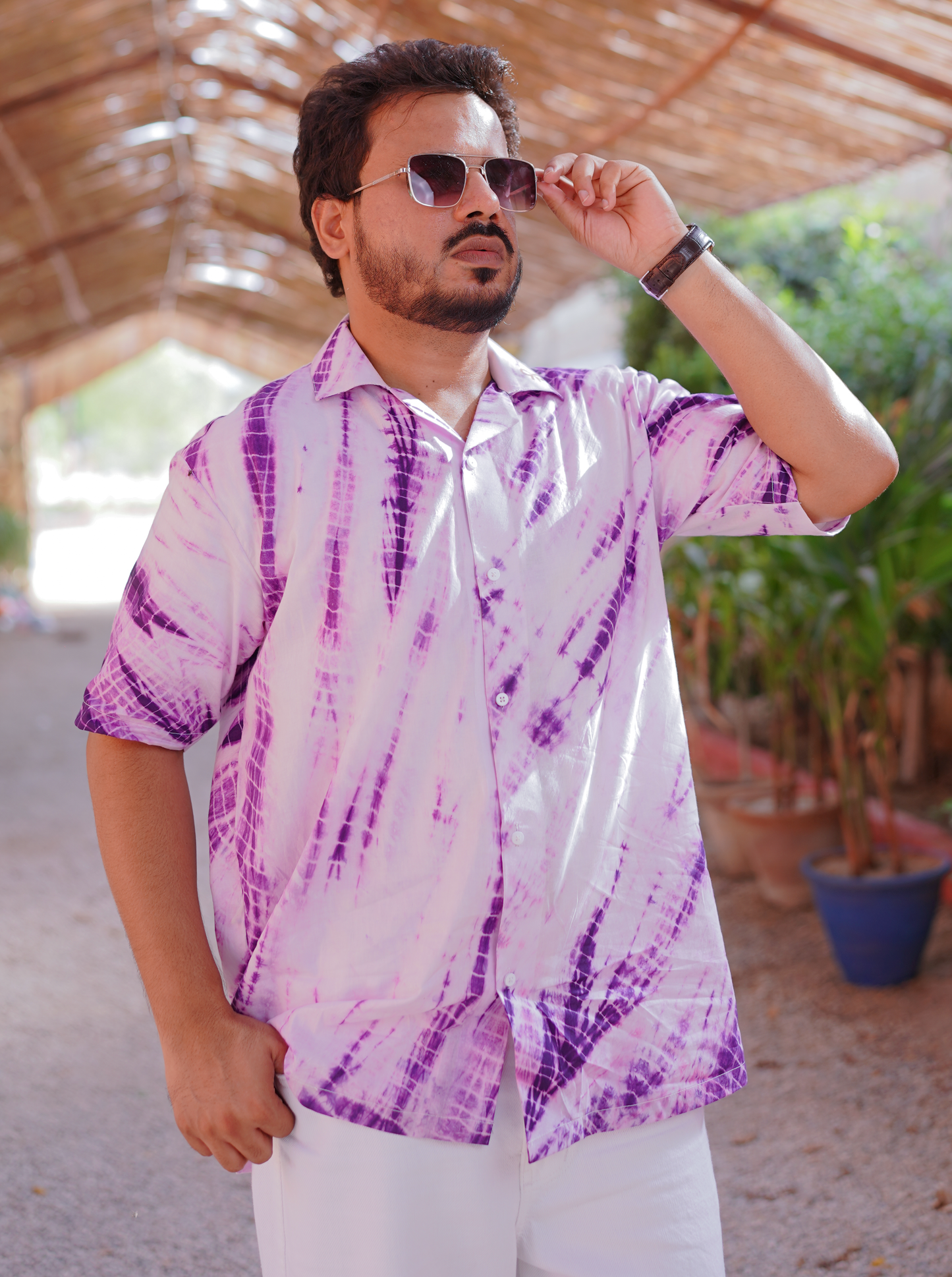 Vertical Shibori Purple Tie & Dye - Men Relaxed Fit Button Down Shirt